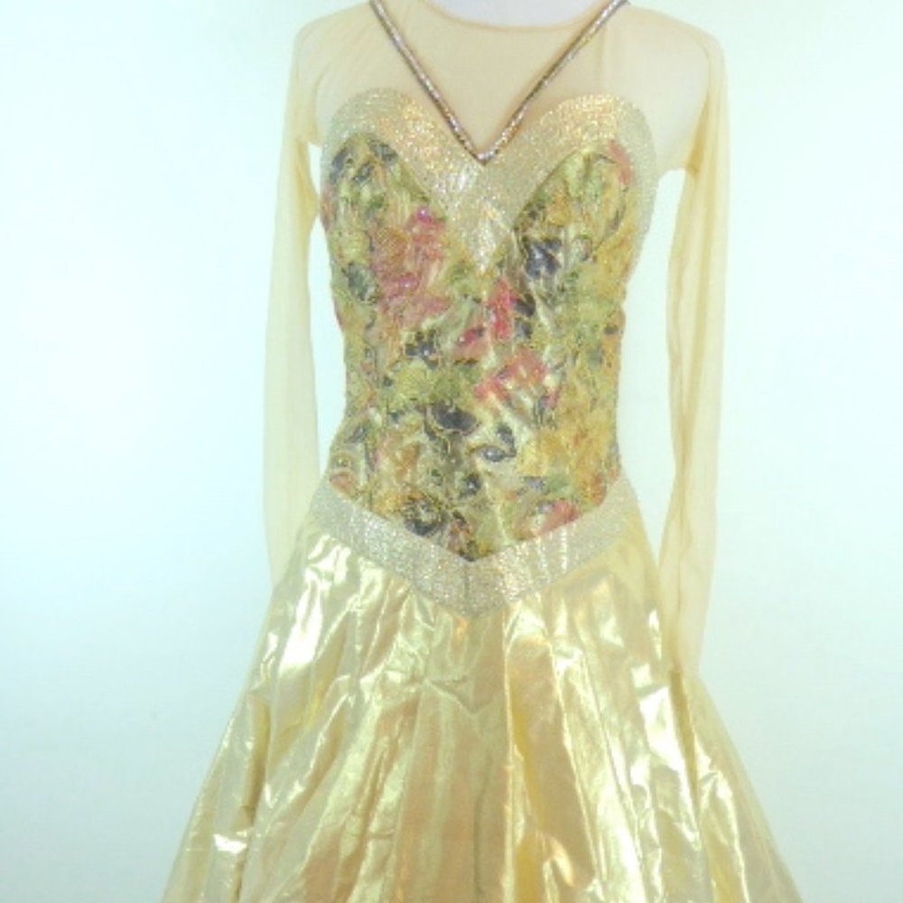 VINTAGE ROSE TAFT evening ball GOWN HAND Made gold rose floral sheer sleeves S